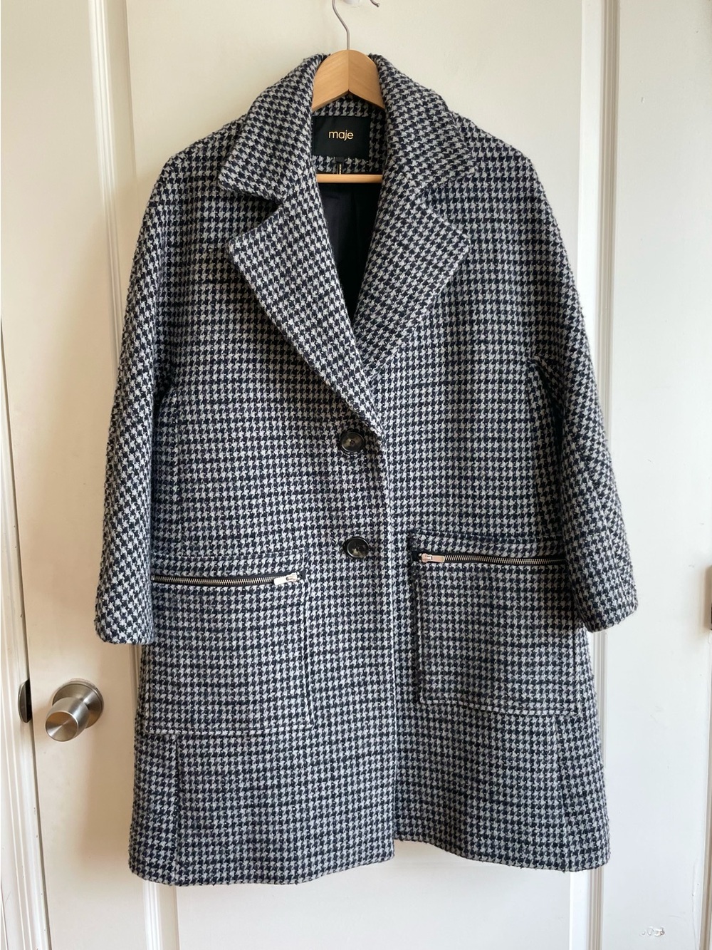 Maje Womens Wool Oversized Boxy Coat Houndstooth Size S Overcoat